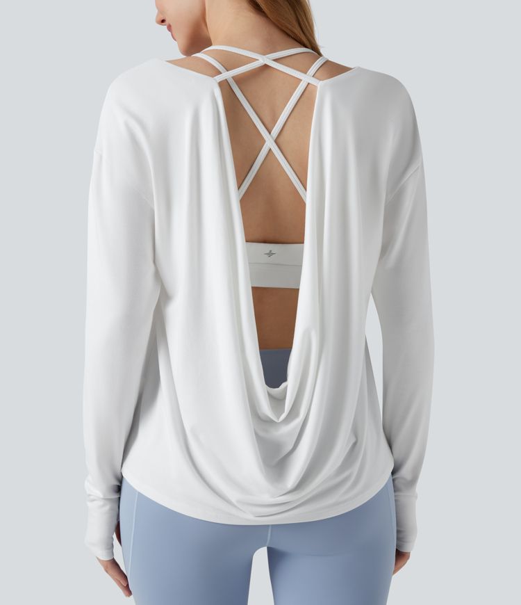 Crisscross Backless Long Sleeve Thumb Holes 2-in-1 Yoga Sports Top