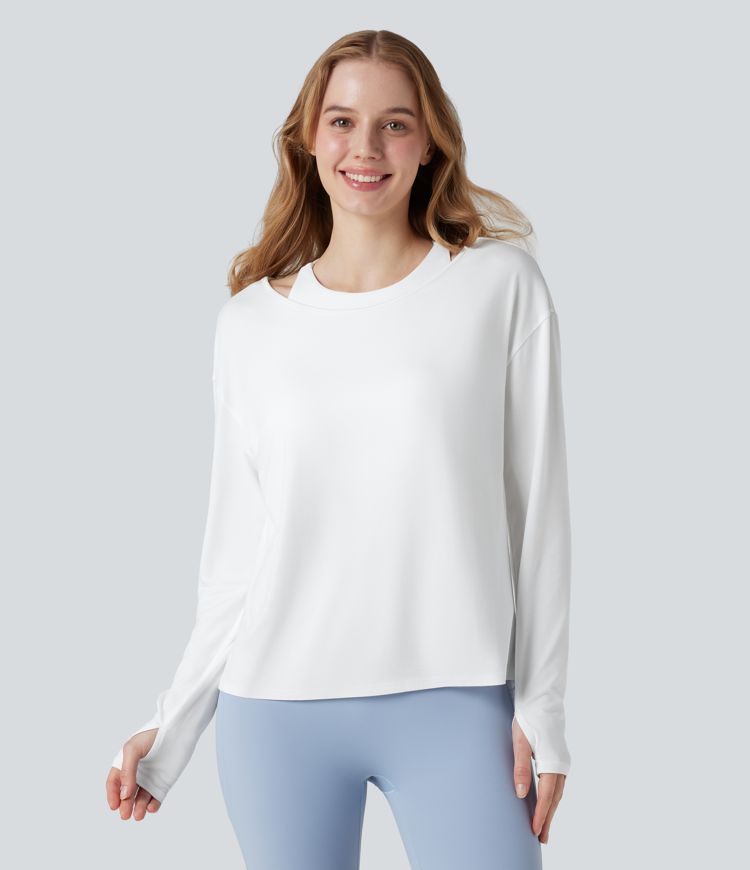 Crisscross Backless Long Sleeve Thumb Holes 2-in-1 Yoga Sports Top