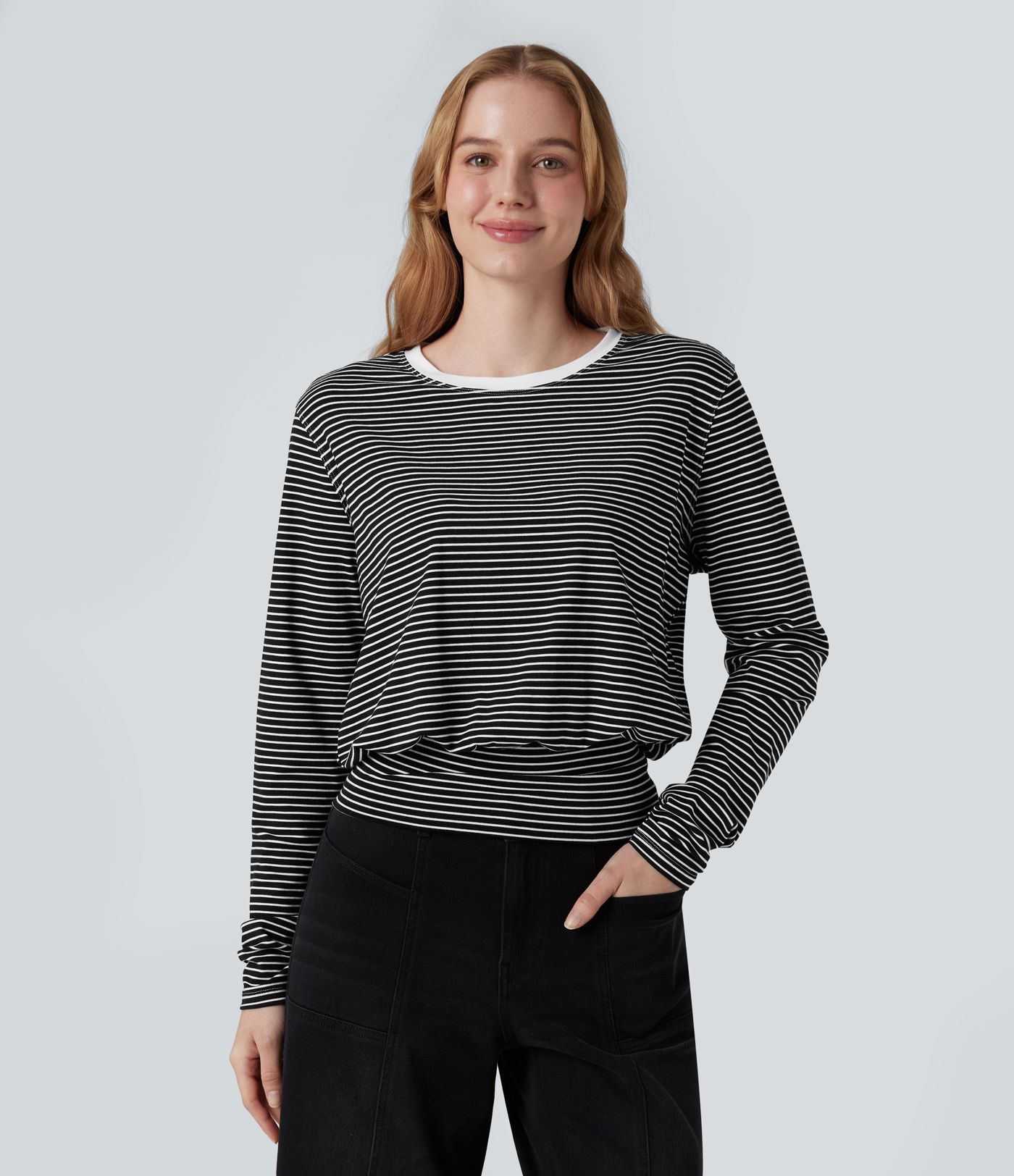 Round Neck Long Sleeve Stripe Casual T-Shirt