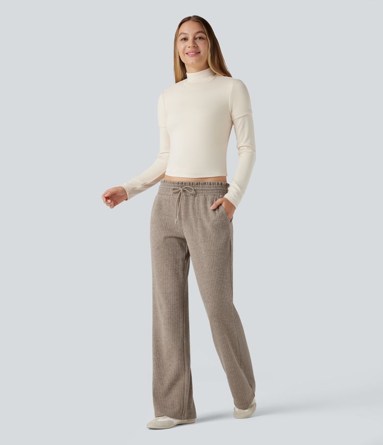 Ribbed Knit Low Rise Drawstring Casual Bootcut Trousers with Pockets