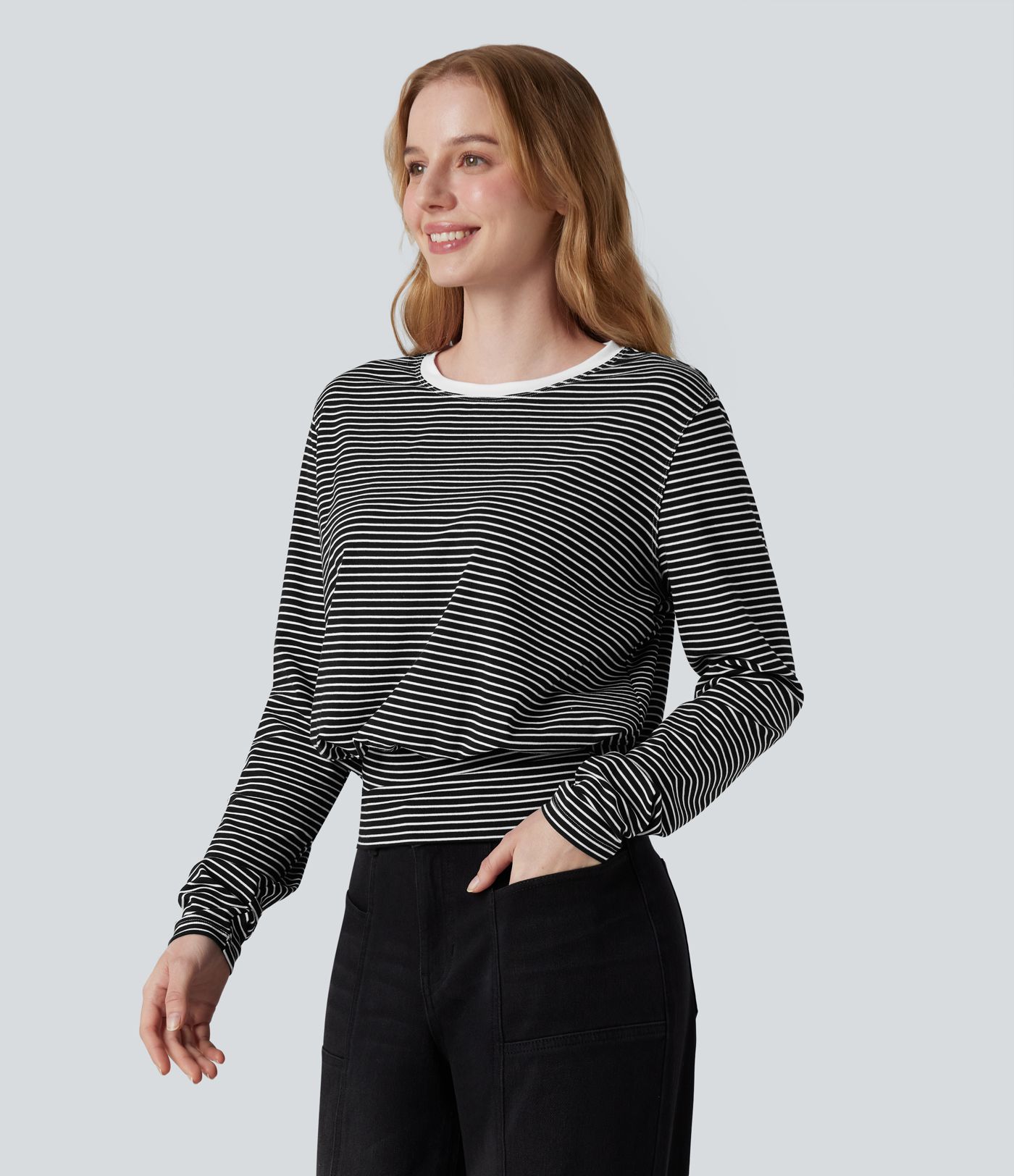 Round Neck Long Sleeve Stripe Casual T-Shirt