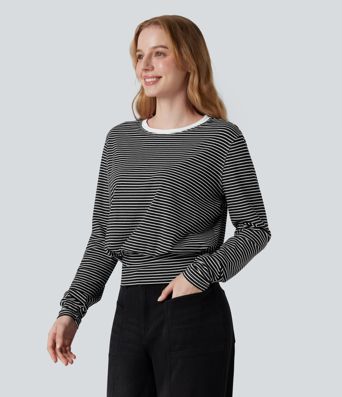 Round Neck Long Sleeve Stripe Casual T-Shirt