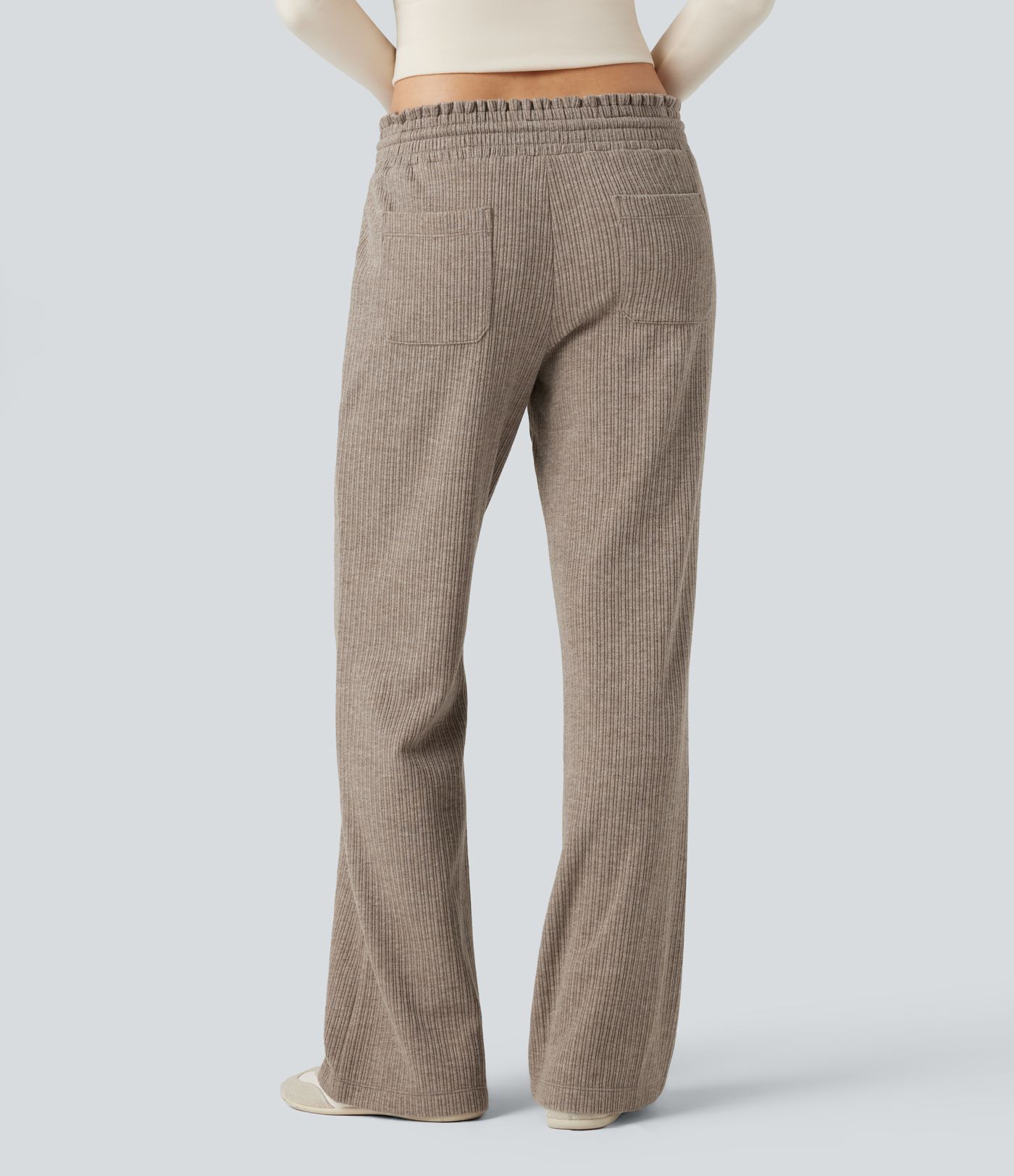 Ribbed Knit Low Rise Drawstring Casual Bootcut Trousers with Pockets