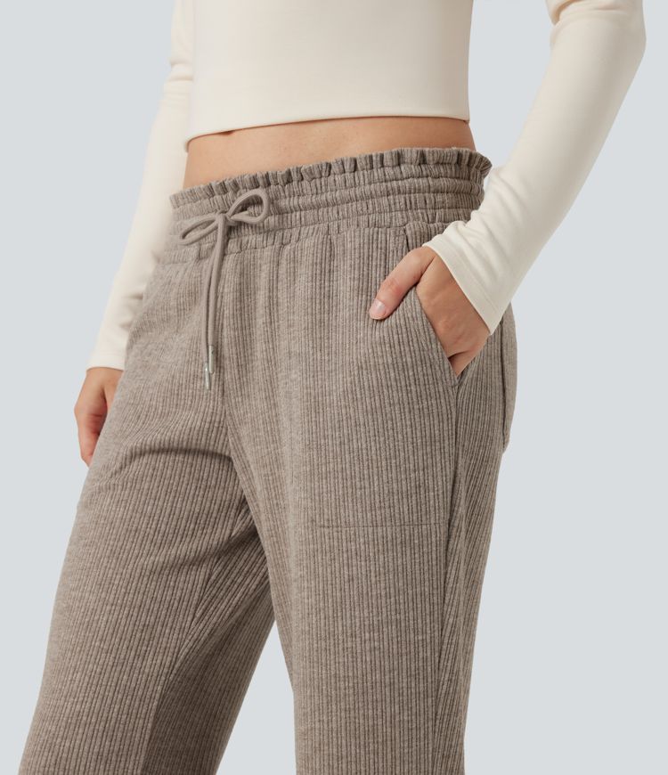 Ribbed Knit Low Rise Drawstring Casual Bootcut Trousers with Pockets