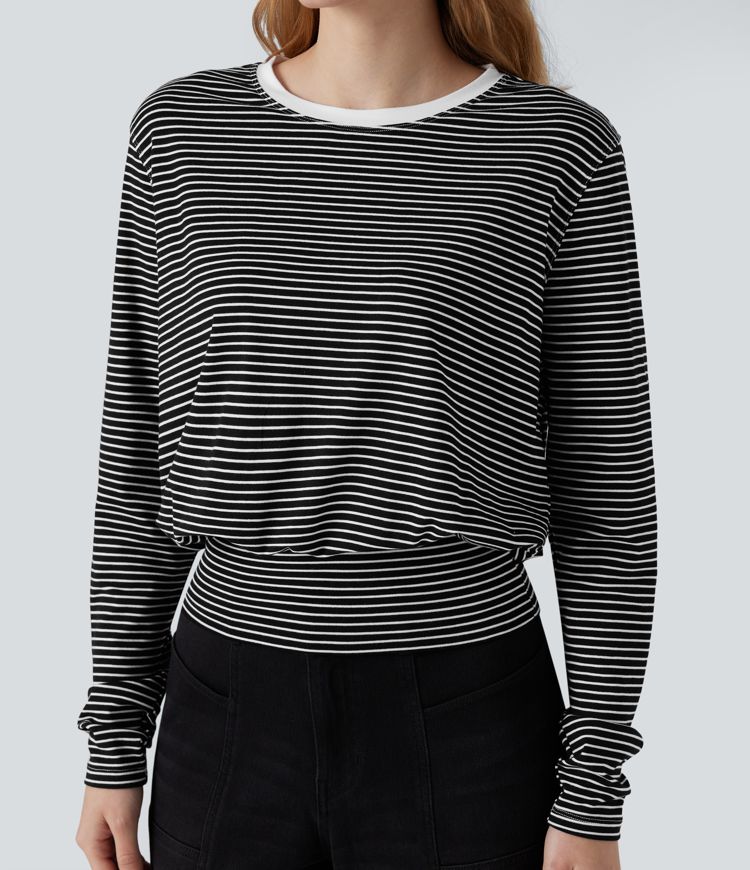 Round Neck Long Sleeve Stripe Casual T-Shirt