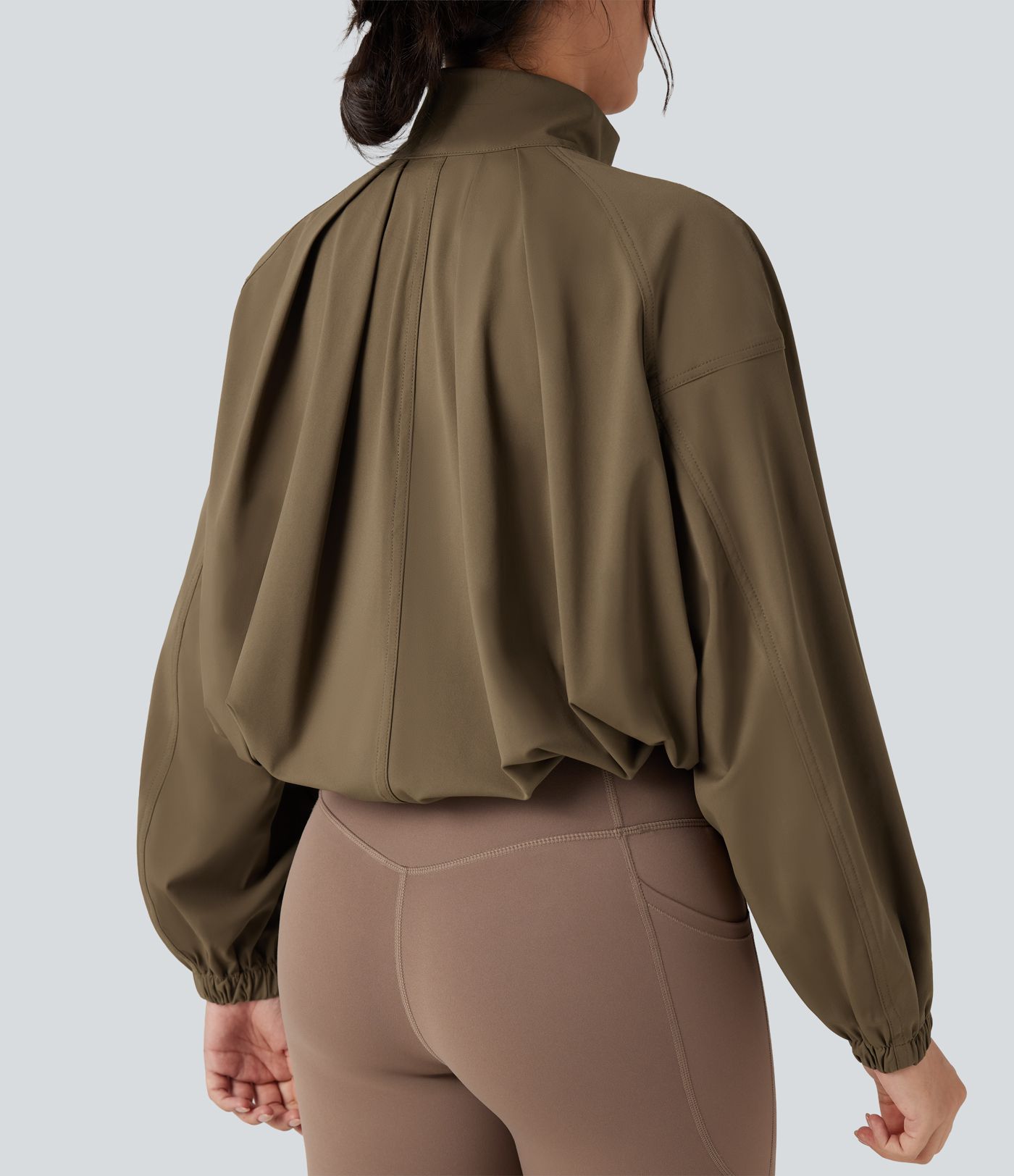 High-neck Long Sleeve Drawstring Hem Workout Jacket with Pockets