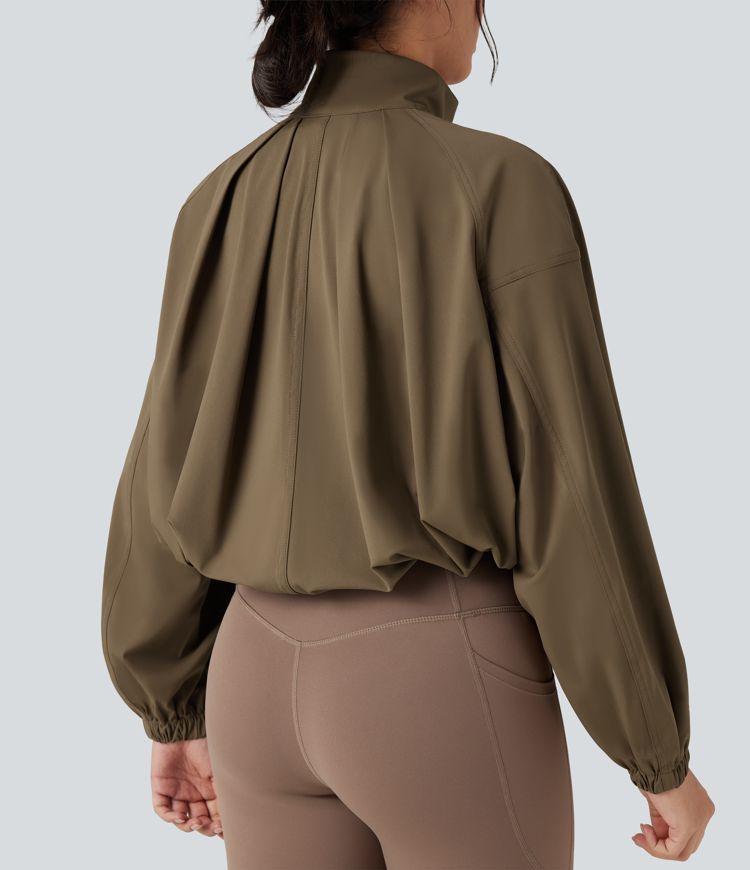 High-neck Long Sleeve Drawstring Hem Workout Jacket with Pockets