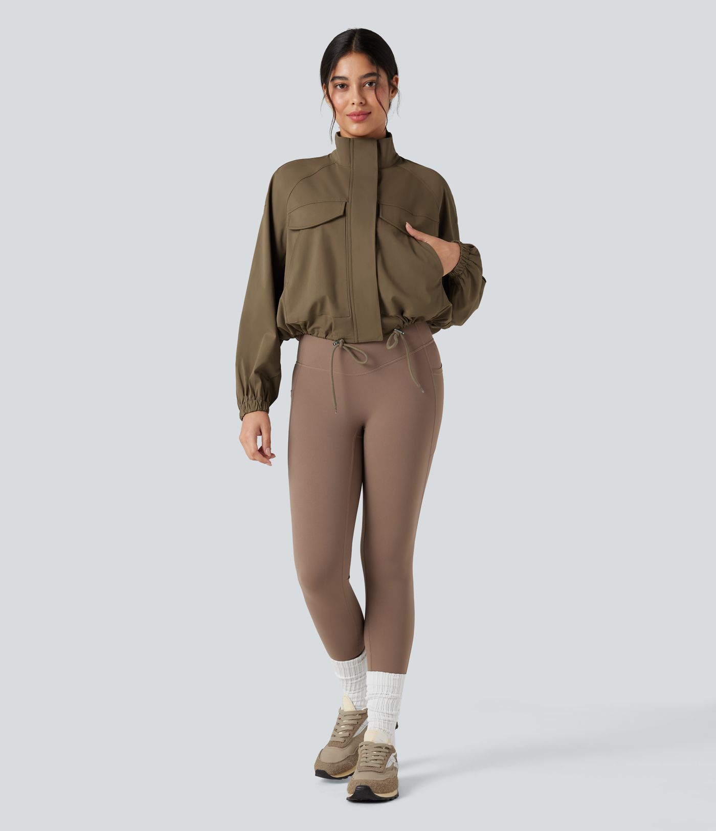 High-neck Long Sleeve Drawstring Hem Workout Jacket with Pockets