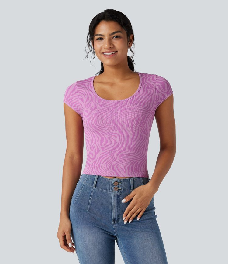 Seamless Flow U Neck Short Sleeve Zebra Print Casual Sports Top