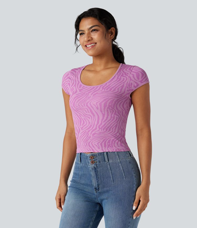 OneForm Seamless Flow U Neck Short Sleeve Zebra Print Casual Sports Top
