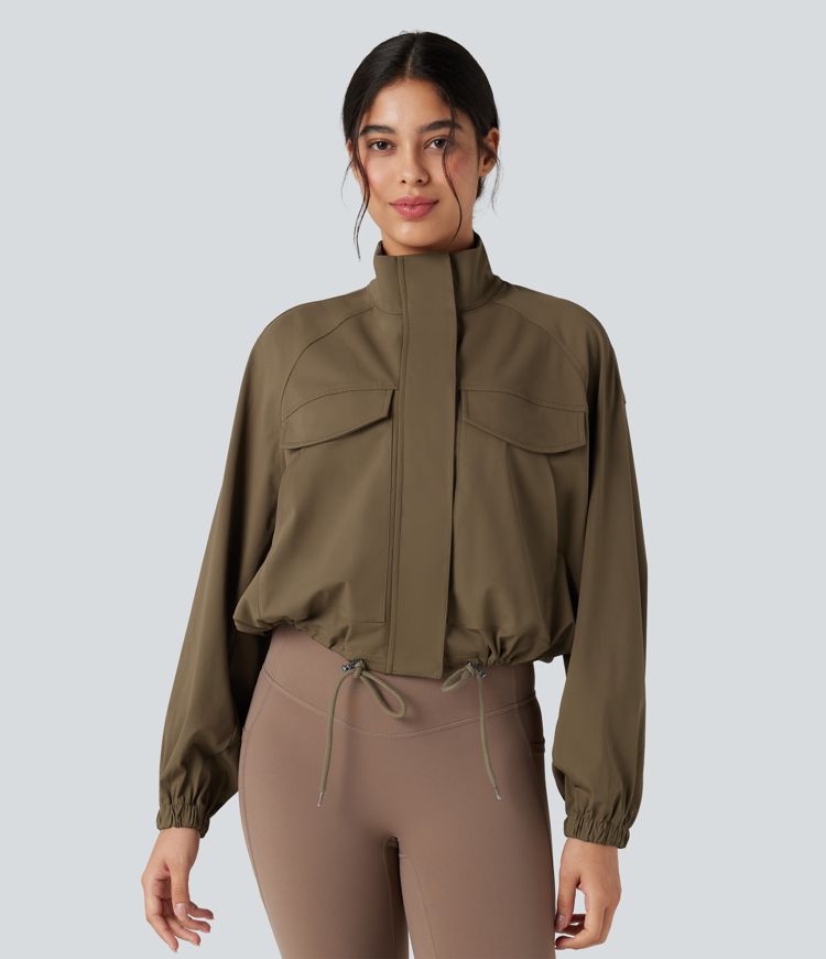 High-neck Long Sleeve Drawstring Hem Workout Jacket with Pockets