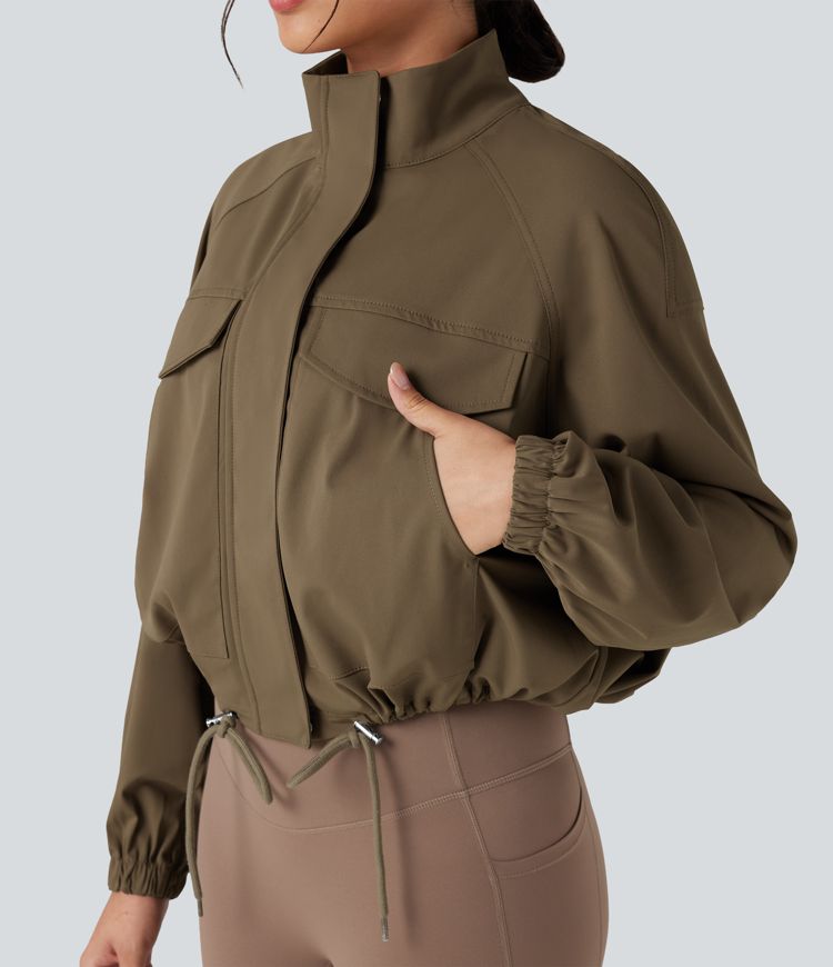 High-neck Long Sleeve Drawstring Hem Workout Jacket with Pockets