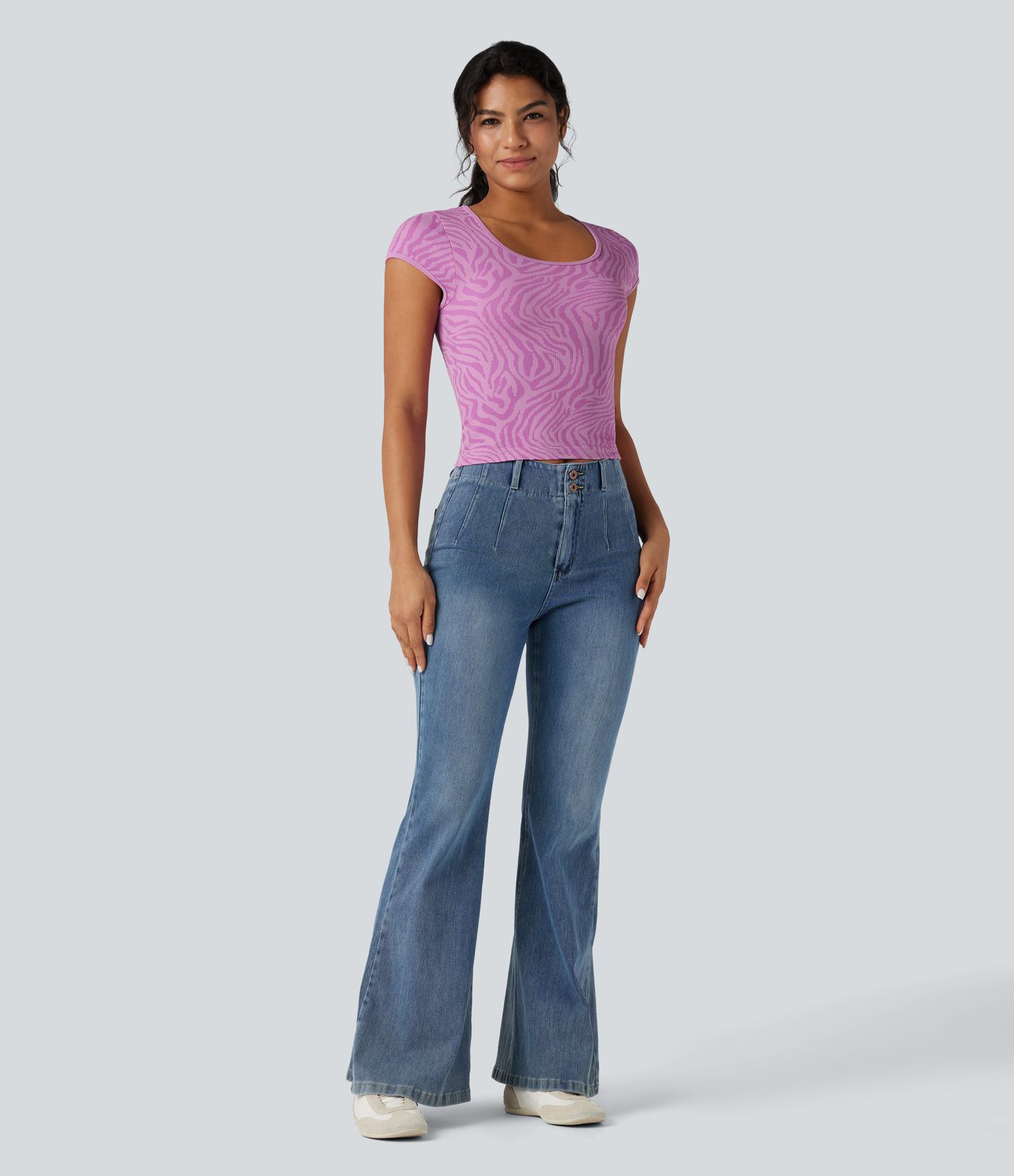 OneForm Seamless Flow U Neck Short Sleeve Zebra Print Casual Sports Top