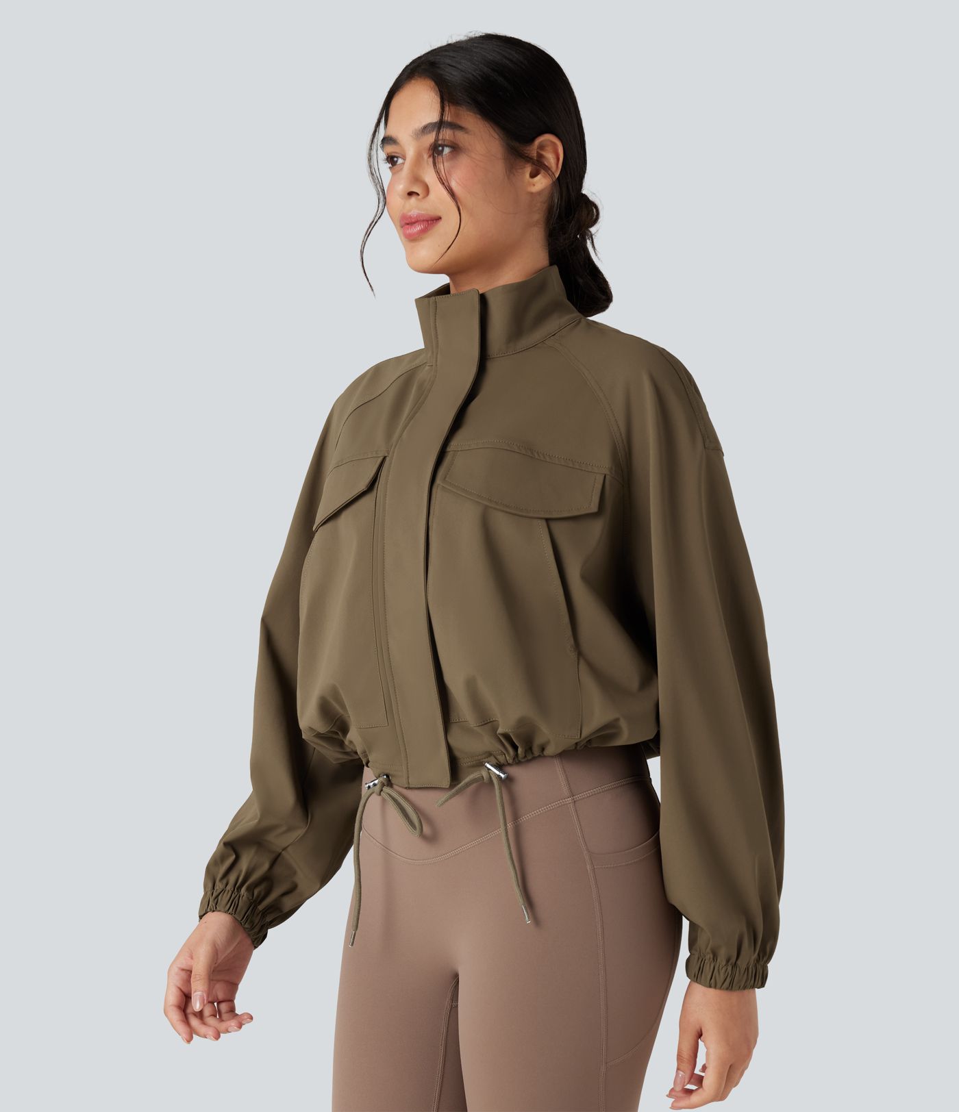 High-neck Long Sleeve Drawstring Hem Workout Jacket with Pockets