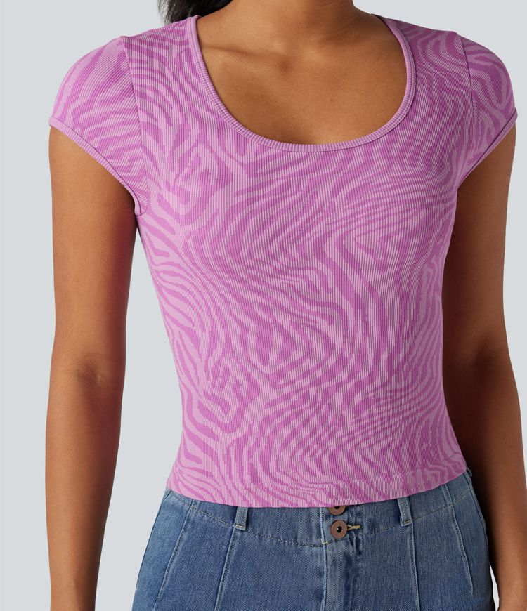 OneForm Seamless Flow U Neck Short Sleeve Zebra Print Casual Sports Top