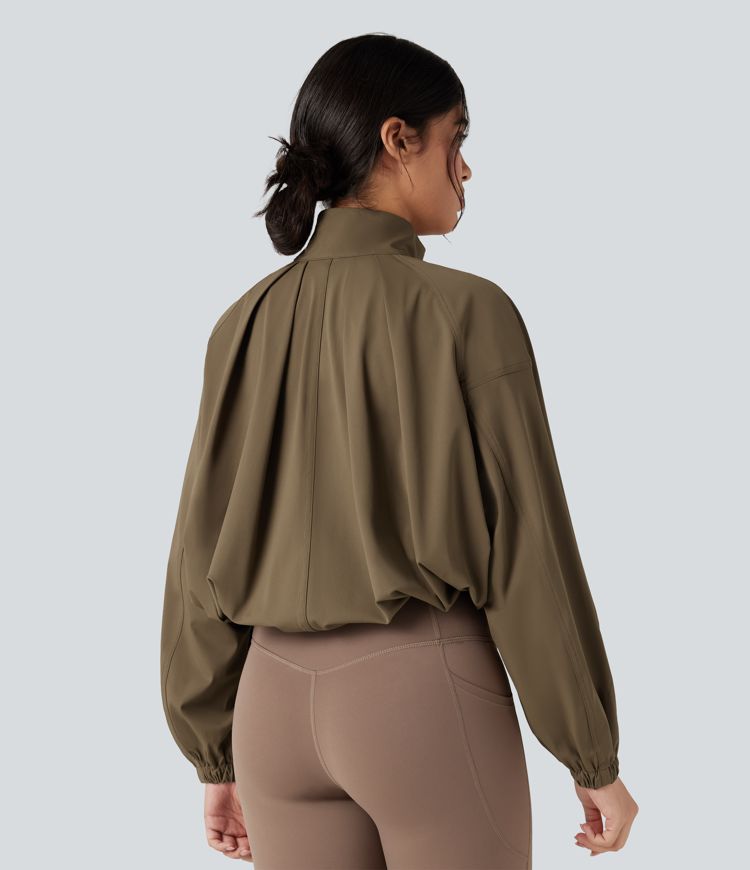 High-neck Long Sleeve Drawstring Hem Workout Jacket with Pockets