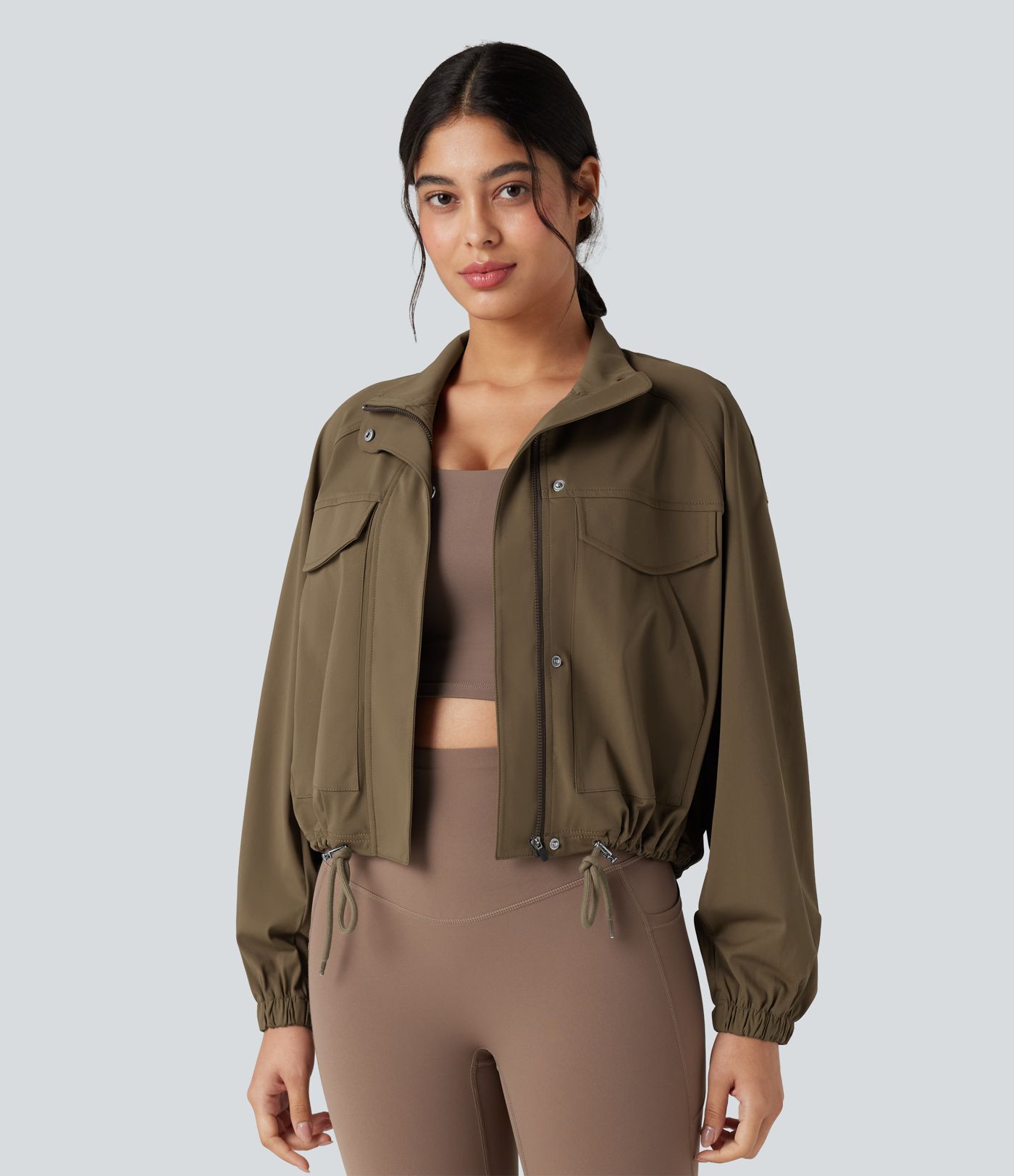 High-neck Long Sleeve Drawstring Hem Workout Jacket with Pockets