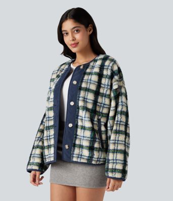 Round Neck Long Sleeve Plaid Casusal Sherpa Jacket with Pockets