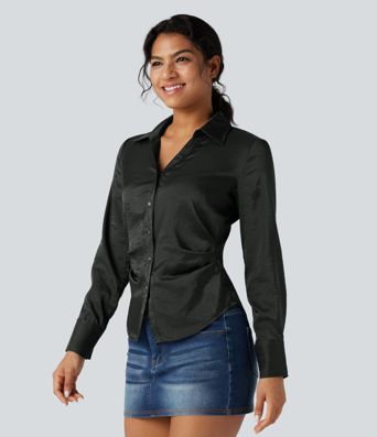 V-neck Long Sleeve Curved Hem Slim Casual Shirt