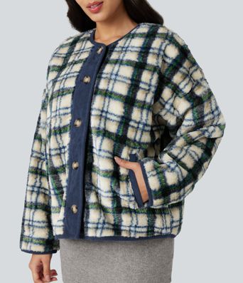 Round Neck Long Sleeve Plaid Casusal Sherpa Jacket with Pockets