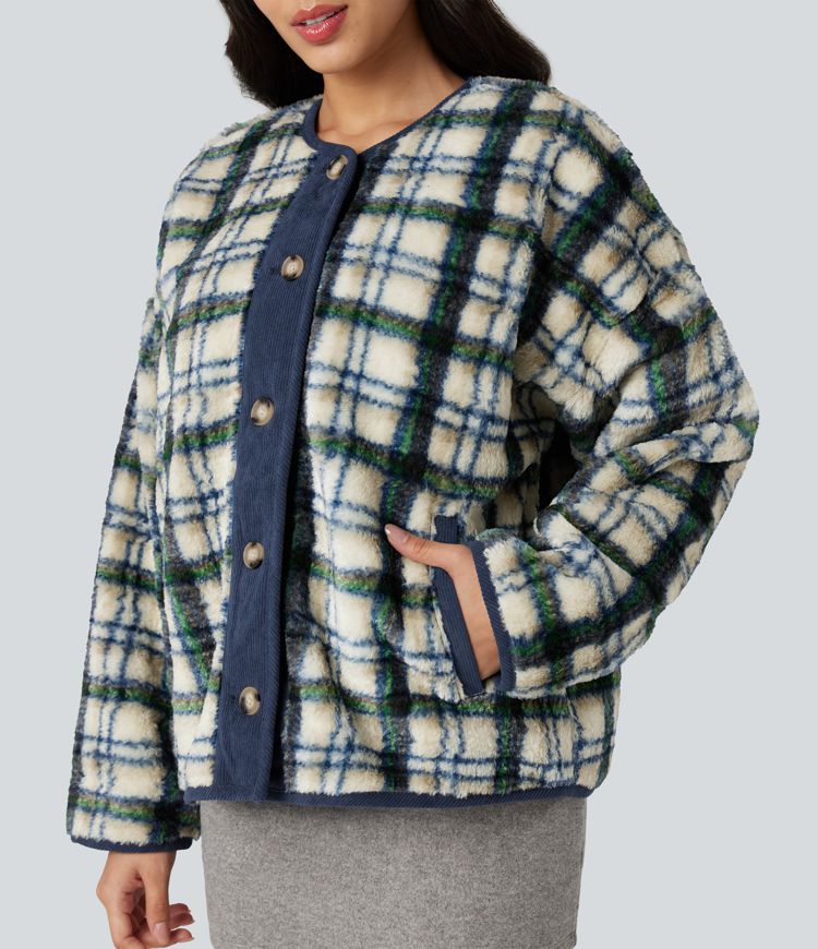 Round Neck Long Sleeve Plaid Casusal Sherpa Jacket with Pockets