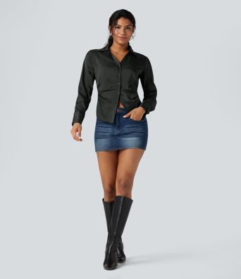 V-neck Long Sleeve Curved Hem Slim Casual Shirt