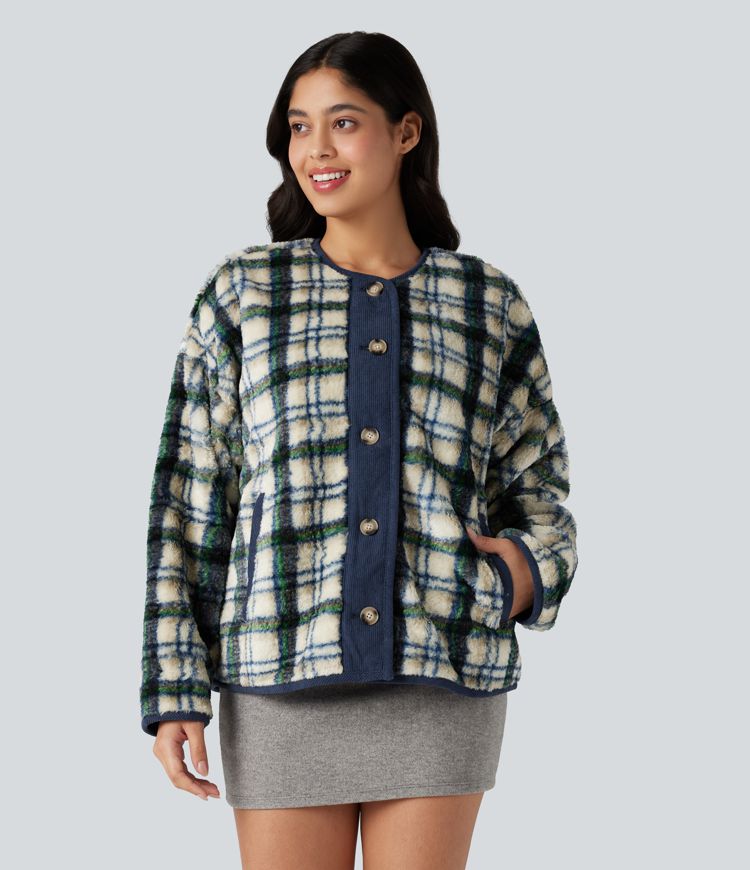 Round Neck Long Sleeve Plaid Casusal Sherpa Jacket with Pockets