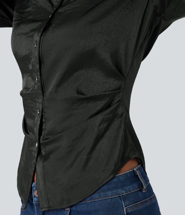 V-neck Long Sleeve Curved Hem Slim Casual Shirt