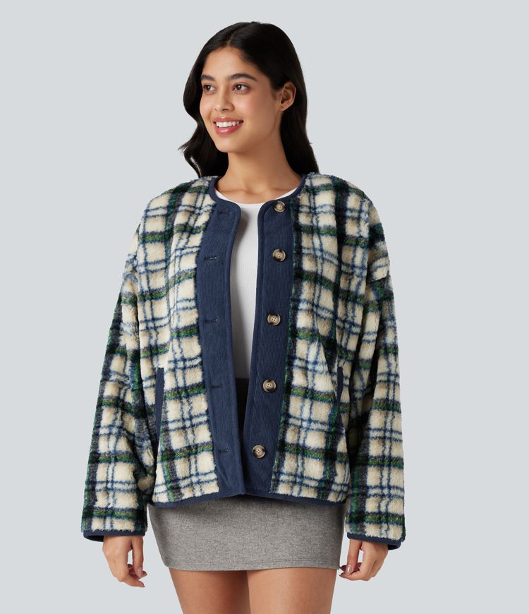 Round Neck Long Sleeve Plaid Casusal Sherpa Jacket with Pockets