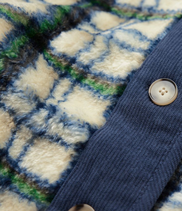 Round Neck Long Sleeve Plaid Casusal Sherpa Jacket with Pockets