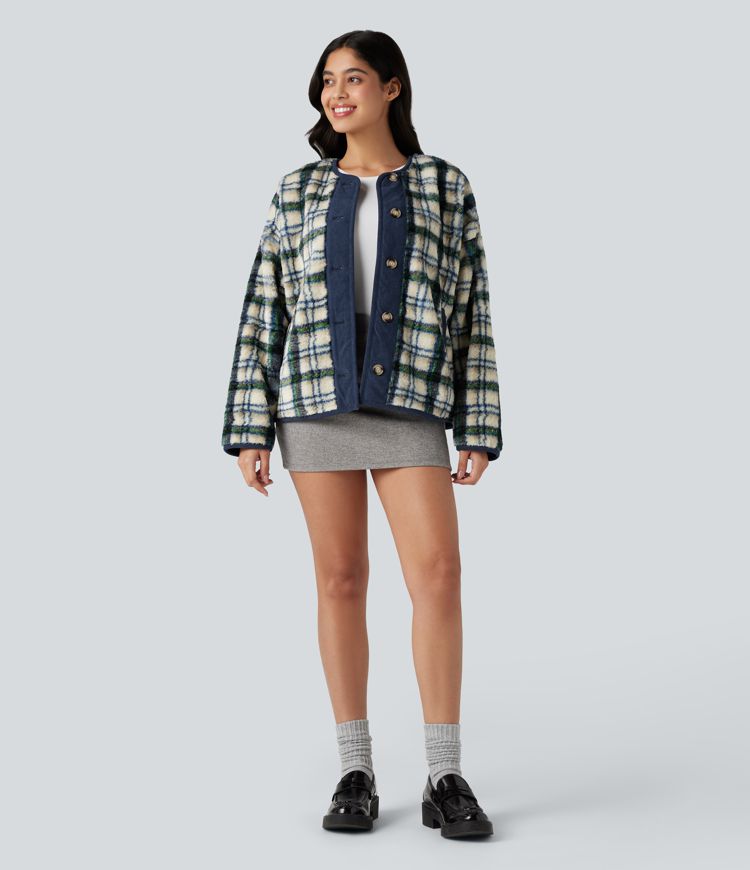 Round Neck Long Sleeve Plaid Casusal Sherpa Jacket with Pockets