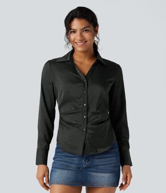 V-neck Long Sleeve Curved Hem Slim Casual Shirt