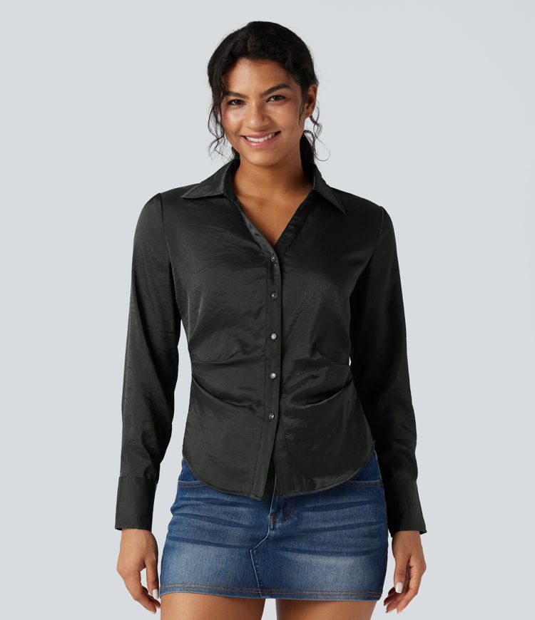 V-neck Long Sleeve Curved Hem Slim Casual Shirt