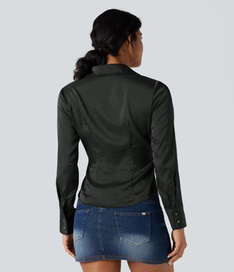 V-neck Long Sleeve Curved Hem Slim Casual Shirt