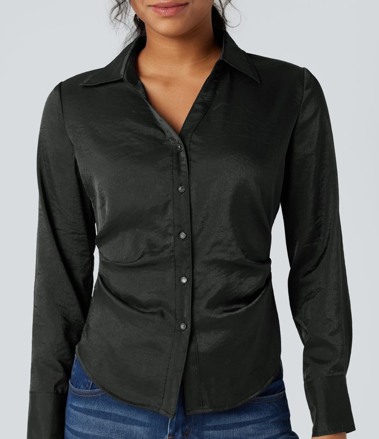 V-neck Long Sleeve Curved Hem Slim Casual Shirt