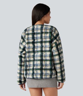 Round Neck Long Sleeve Plaid Casusal Sherpa Jacket with Pockets