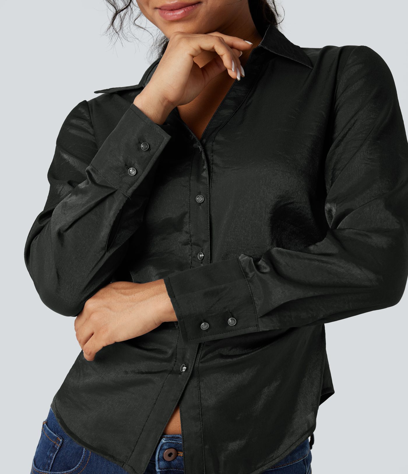 V-neck Long Sleeve Curved Hem Slim Casual Shirt