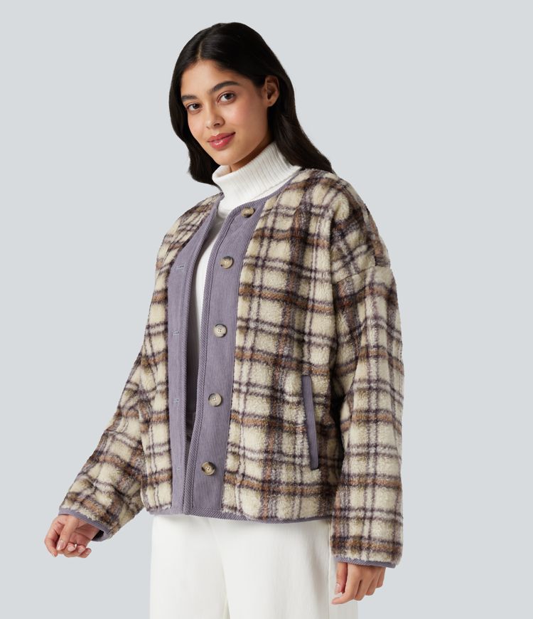 Round Neck Long Sleeve Plaid Casusal Sherpa Jacket with Pockets
