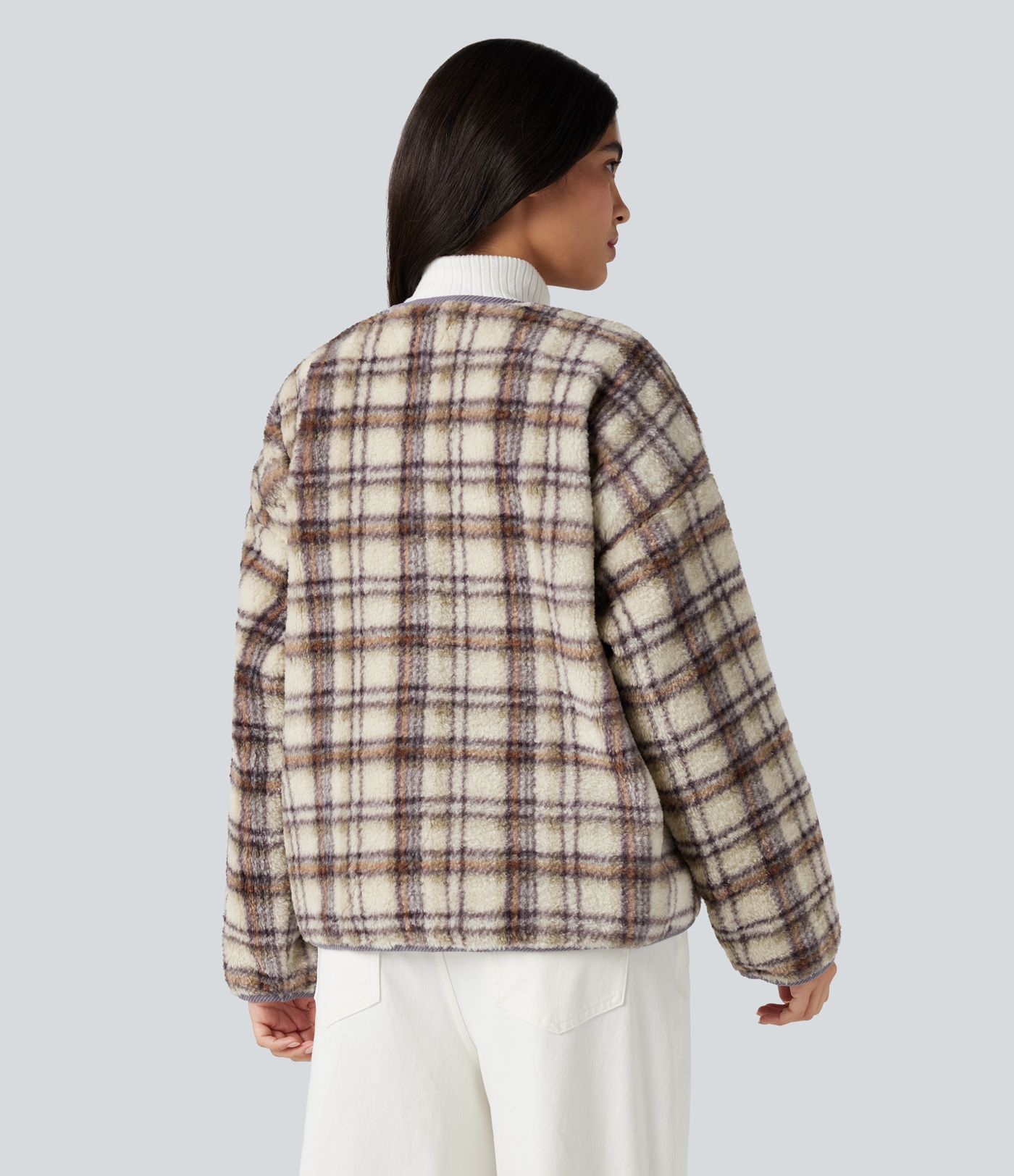 Round Neck Long Sleeve Plaid Casusal Sherpa Jacket with Pockets