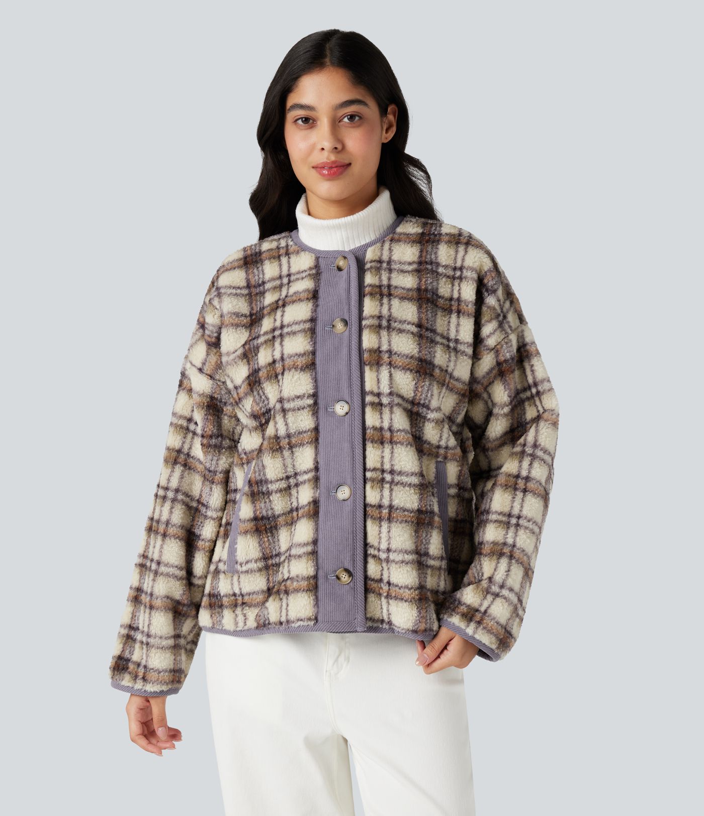 Round Neck Long Sleeve Plaid Casusal Sherpa Jacket with Pockets