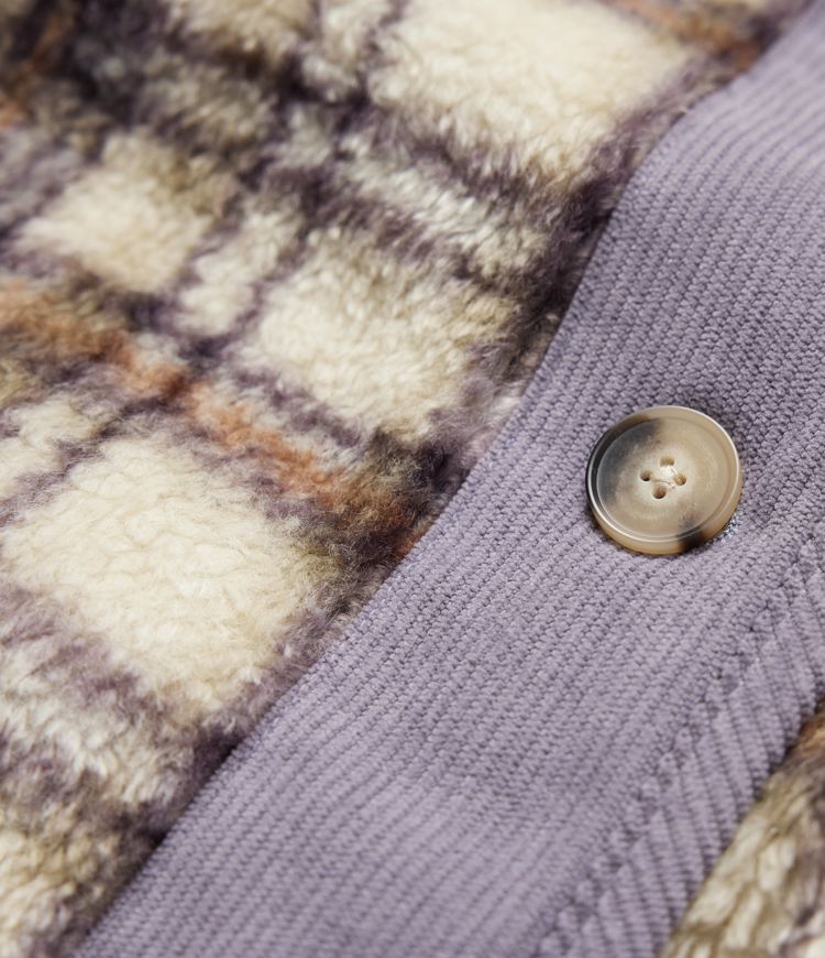 Round Neck Long Sleeve Plaid Casusal Sherpa Jacket with Pockets