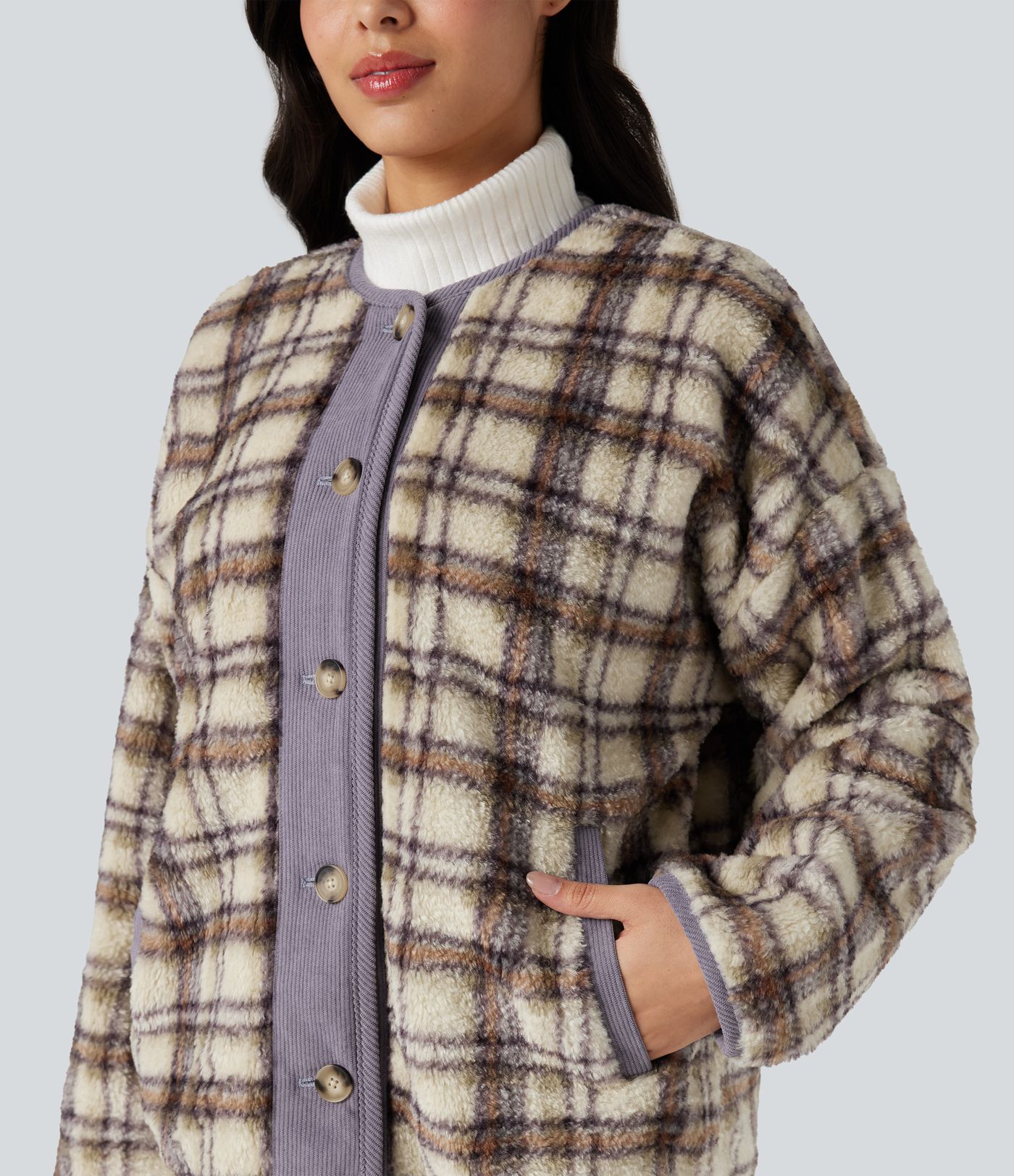 Round Neck Long Sleeve Plaid Casusal Sherpa Jacket with Pockets