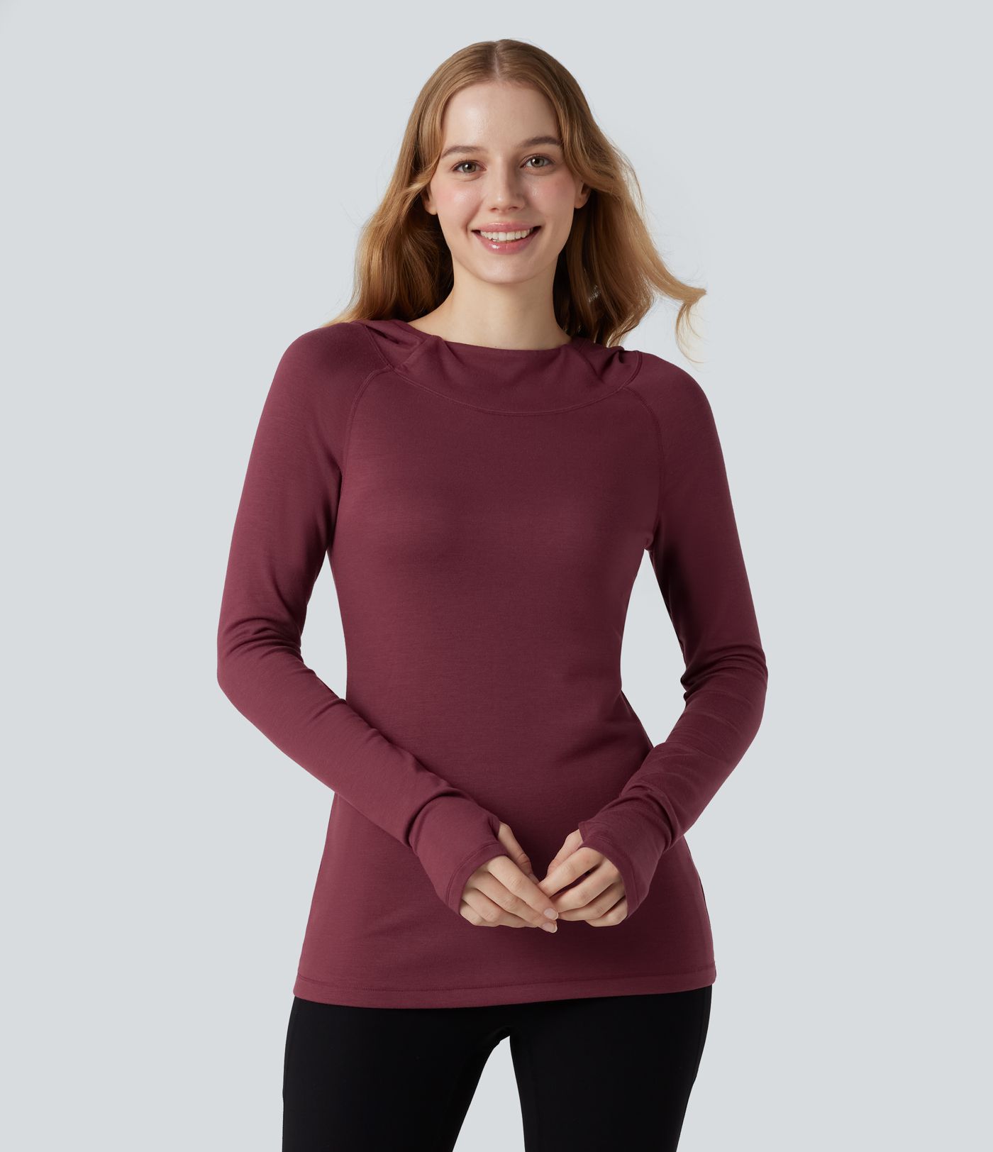 Halara HeatCore Hooded Long Sleeve Thumb Hole Warming Yoga Sports Top