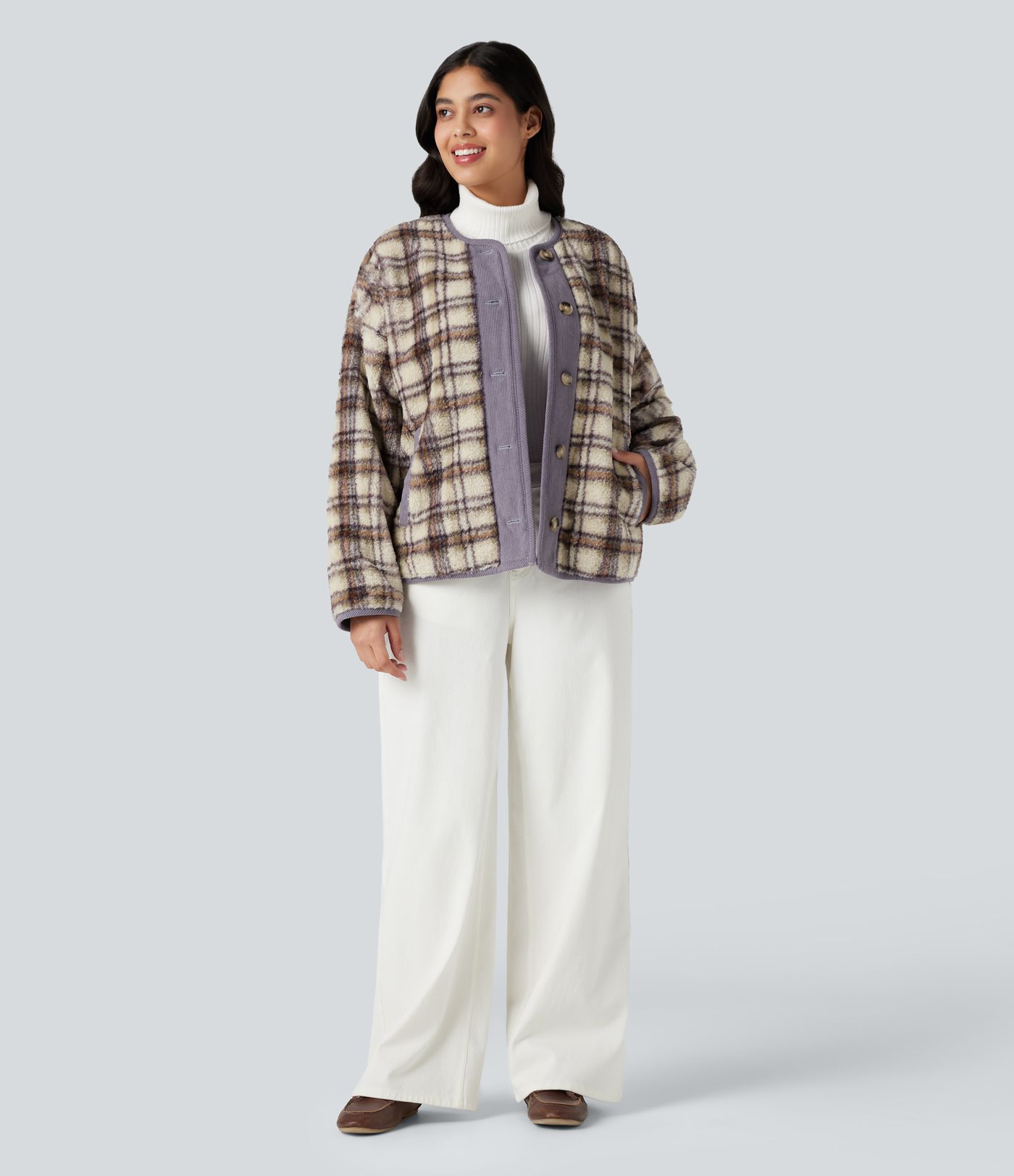 Round Neck Long Sleeve Plaid Casusal Sherpa Jacket with Pockets