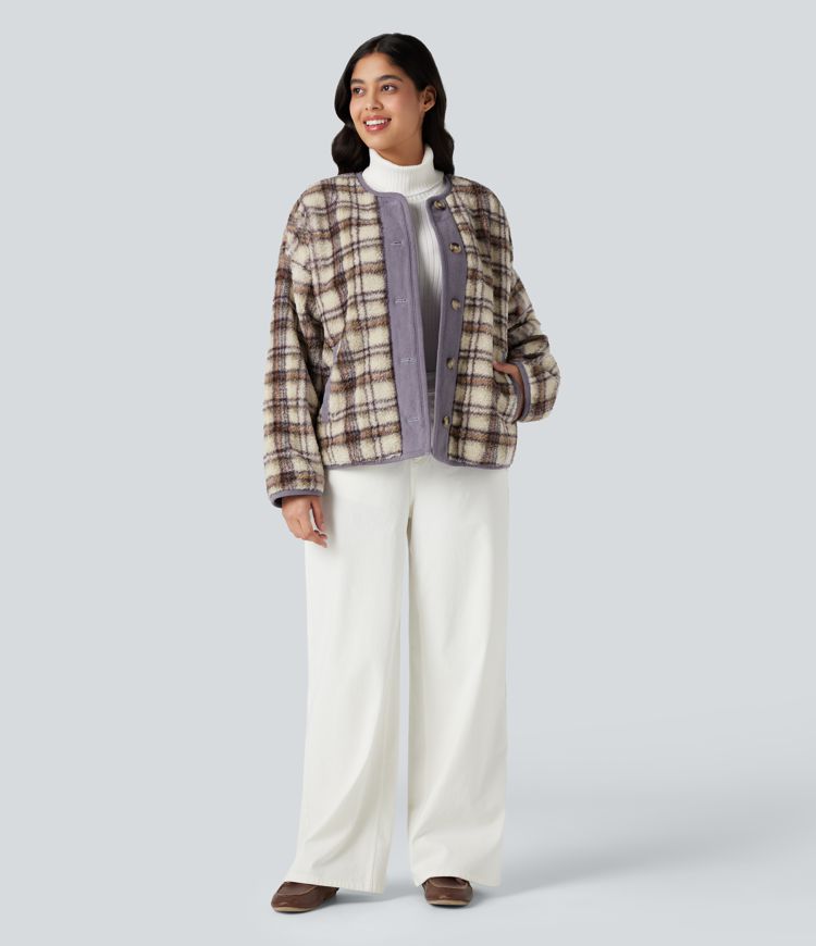 Round Neck Long Sleeve Plaid Casusal Sherpa Jacket with Pockets