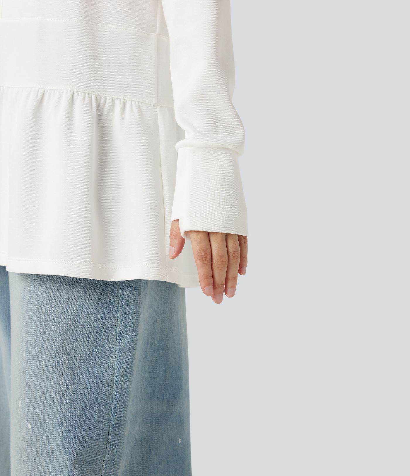 Round Neck Long Sleeve Thumb Holes Ruffle Hem Casual Sweatshirt