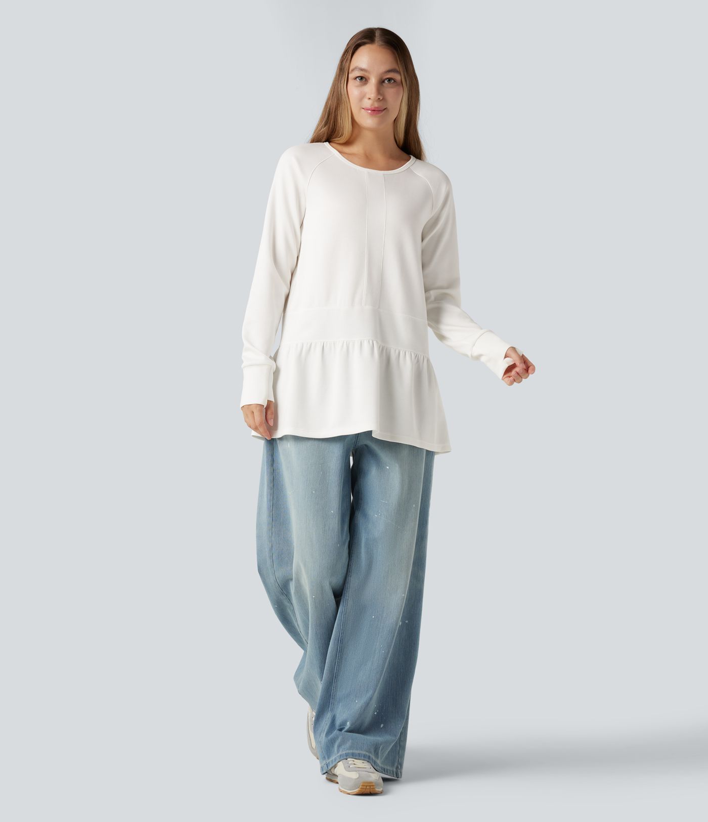 Round Neck Long Sleeve Thumb Holes Ruffle Hem Casual Sweatshirt