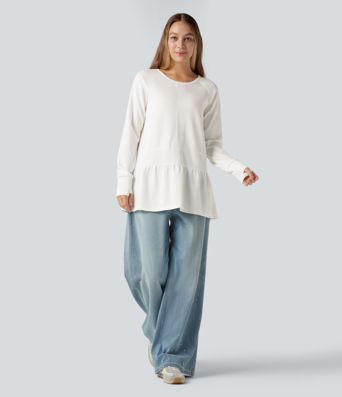 Round Neck Long Sleeve Thumb Holes Ruffle Hem Casual Sweatshirt