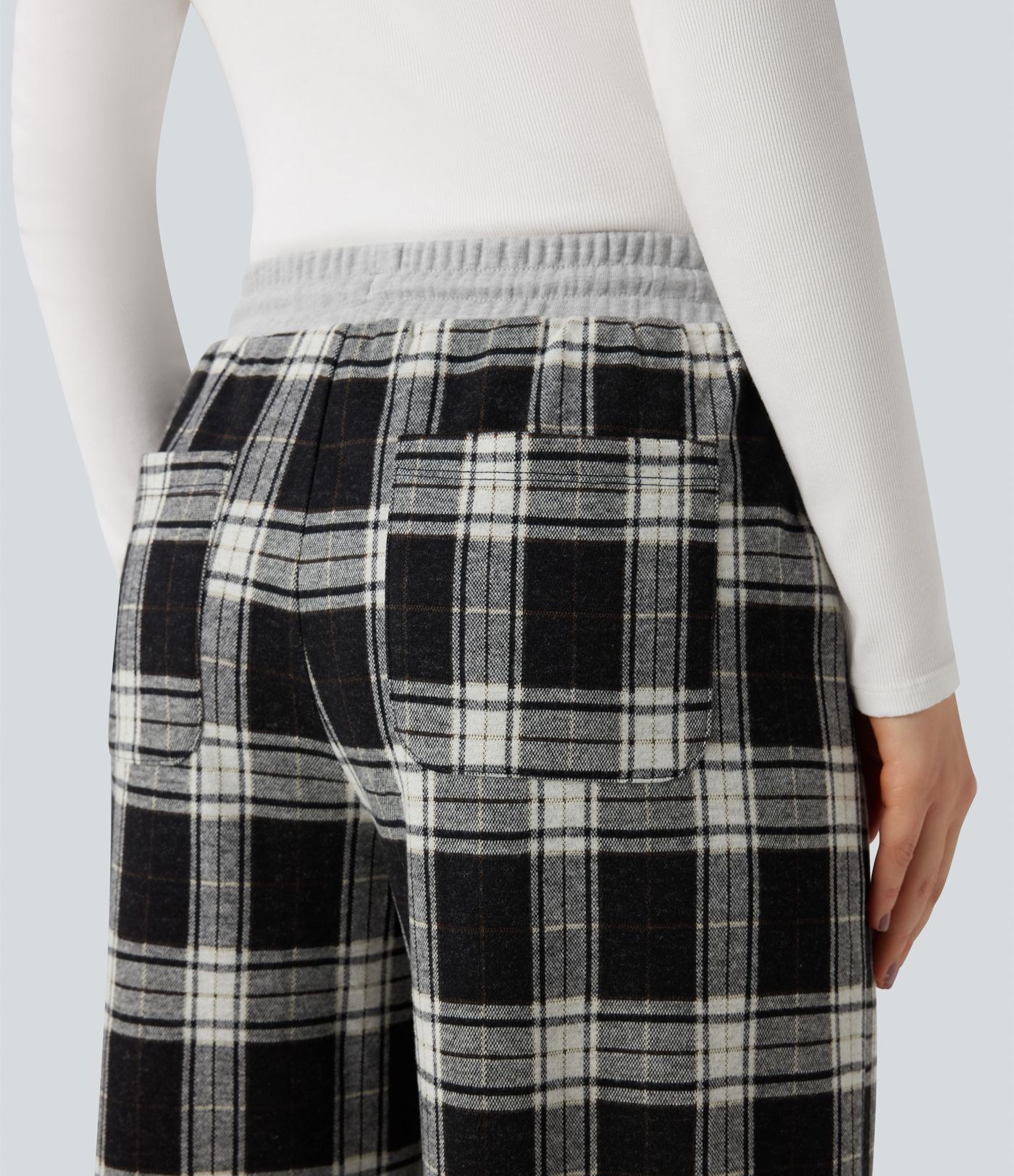 Halara Flex™ Mid Rise Drawstring Wide Leg Plaid Work Pants with Pockets