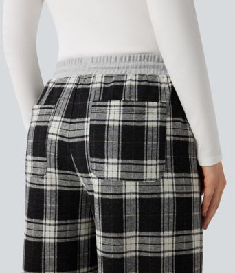 Halara Flex™ Mid Rise Drawstring Wide Leg Plaid Work Pants with Pockets